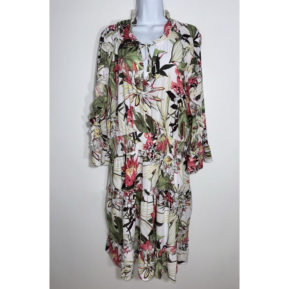 Chicos Bell Sleeve Ruffle Dress Maui Floral Lined Women Size 14 NWT $149